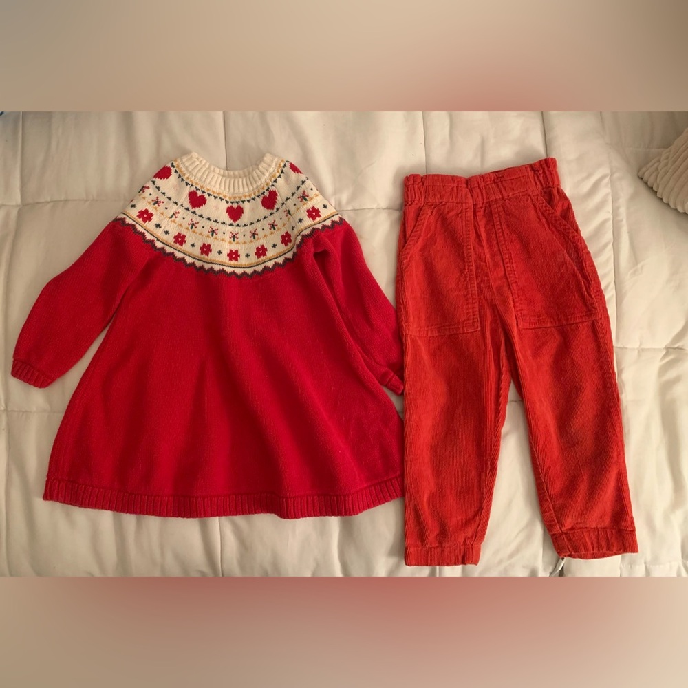 Hanna Andersson Red and Cream Kids Sweater dress and Pants set